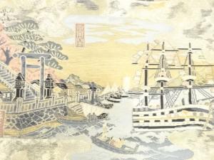 アンティーク　時代風景模様織り出し名古屋帯